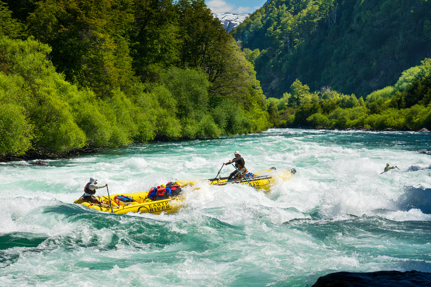 Catarafts running powerful whitewater rapids on the Futaleufú River in Patagonia