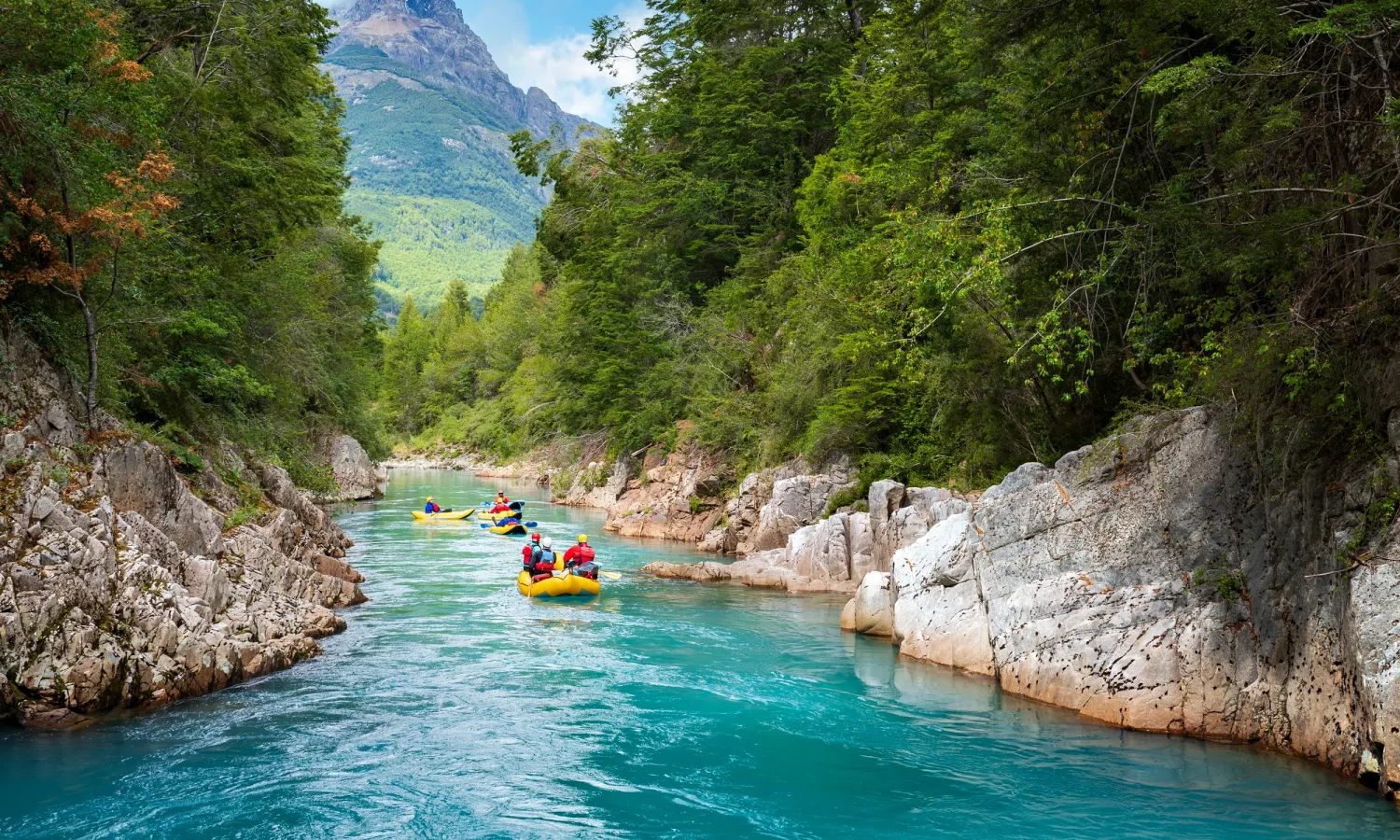 Earth River rafts and inflatable kayaks in the Río Azul canyon, Futaleufú Valley Chilean Patagonia